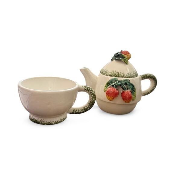 Vintage 1980s Strawberry Tea Pot and Cup for One Set - Picture 2 of 4